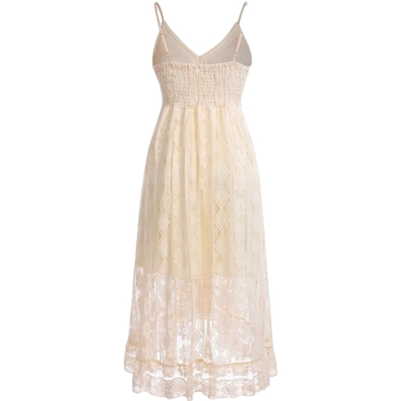 Women's Cream Floral Lace Hi-Low Dress Casual Boho Flowy Tassel Tahitian Dress - Picture 5 of 11